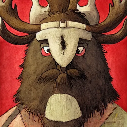 Prompt: hairy barbarian with moose head by johan grenier and studio ghibli