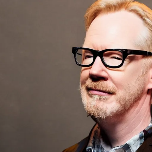 Prompt: adam savage in a fancy suit by a upscale party