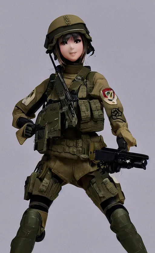 Prompt: portrait of the action figure of a female soldier, highly detailed, high resolution, toy, good smile company anime style, japanese collection product, stunning, girls frontline style, bokeh soft, 100mm, trending on instagram, by professional photographer, realistic human anatomy, realistic military carrier, modern warfare, realistic weapon, shot with a arriflex 35 ii, low saturation, small eyes, desert in background
