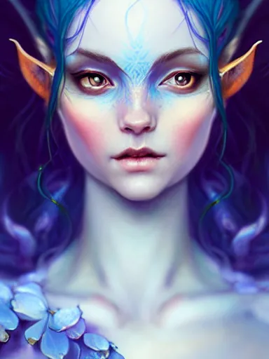 Image similar to the elven queen with blue skin by james jean, charlie bowater, tom bagshaw, nikolay makovsky : : enchanting, ethereal, magical, portrait, character design, illustration, hyperrealism, photorealism, digital art, concept art, fantasy, whimsy, weta, wlop, artstation