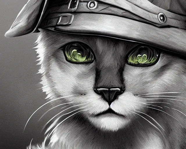 Image similar to A soldier cat in world war one, close-up, black and white, amazing digital art, hyper detailed, artstation, in the style of Tony Sart