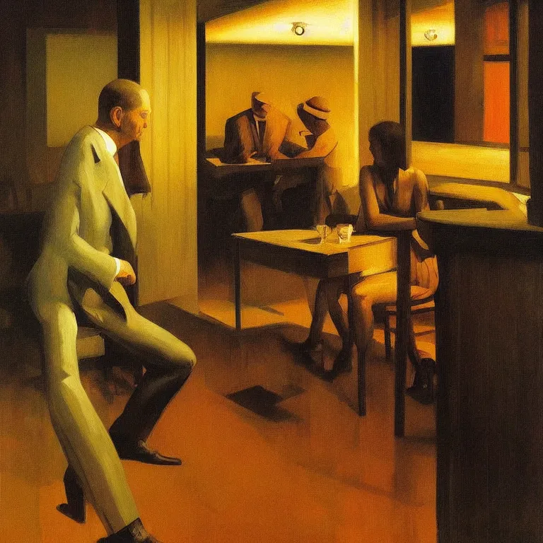 Image similar to i know who I am at the jazz club, Edward Hopper and James Gilleard, Zdzislaw Beksinski, Steven Outram highly detailed