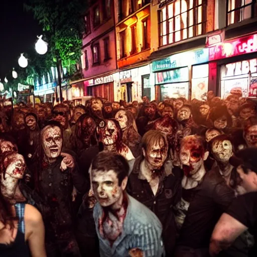 Prompt: zombies crowding the streets, drinking beer, in kreuzberg, at night