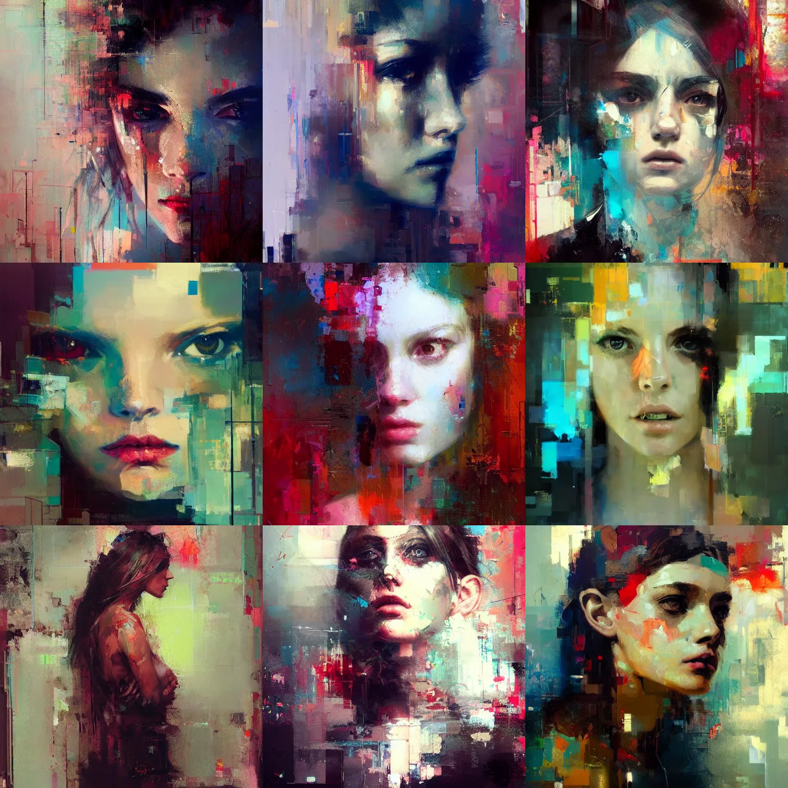 Prompt: portrait of a beautiful girl, style of jeremy mann, style of james jean, oil painting, palette knife painting, glitch art