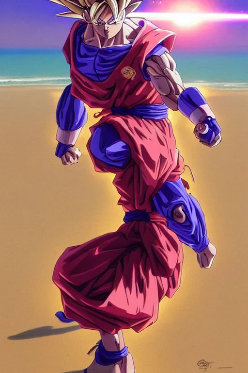 Image similar to goku robotic clothes in the beach purple sun, pink lighting ultra realistic photorealistic highly detailed high quality, a stunningly, digital painting, artstation, concept art, smooth, sharp focus, illustration, art by artgerm and greg rutkowski and alphonse mucha 8 k