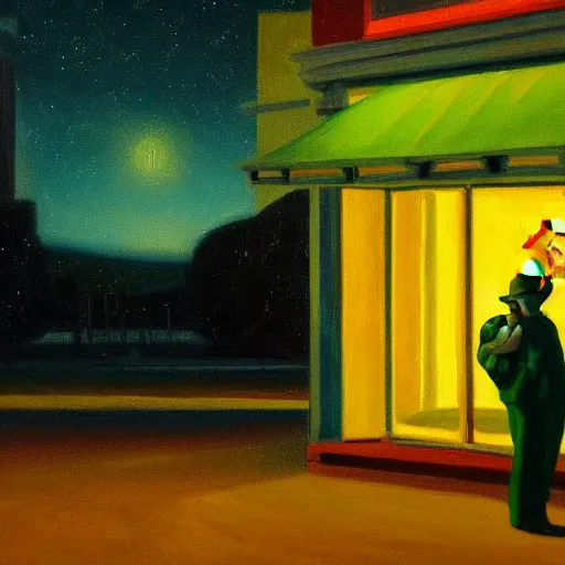 Prompt: a portrait painting of a lonely man with a skull as his head waiting for the bus at night, close up of the man, green dramatic and cinematic light from the streetlight, the sky is full of stars, in the style of edward hopper, 4 k,