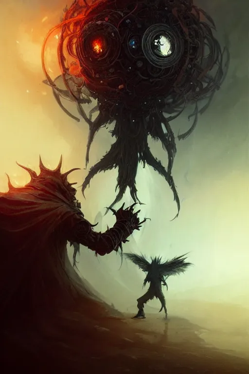 Image similar to Black Orb of Fire, digital art, fantasy, magic, trending on artstation, illustration by Seb McKinnon and Peter Mohrbacher, ultra detailed, atmospheric, powerful presence, bossfight, darksouls, grand finale