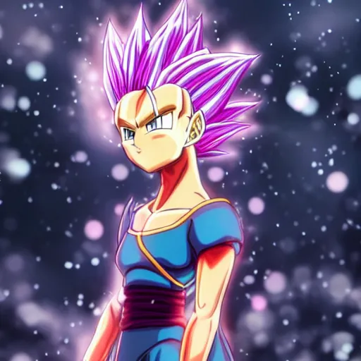 Image similar to portrait focus of Super Saiyan beautiful 3D anime gir!! dark forest background, snowing, bokeh, inspired by Masami Kurumada, digital painting, high contrast, unreal engine render, volumetric lighting, high détail