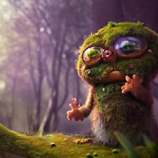 Prompt: a highly detailed digital painting of a tiny cute mossy forest creature by bobby chiu, trending on artstation, octane render, 4 k, unreal 5, big amber eyes, smiling, at sunset, macro photography, goro fujita