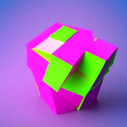 Image similar to cube made from paper, pink background, violet shift render, neon green, cgi