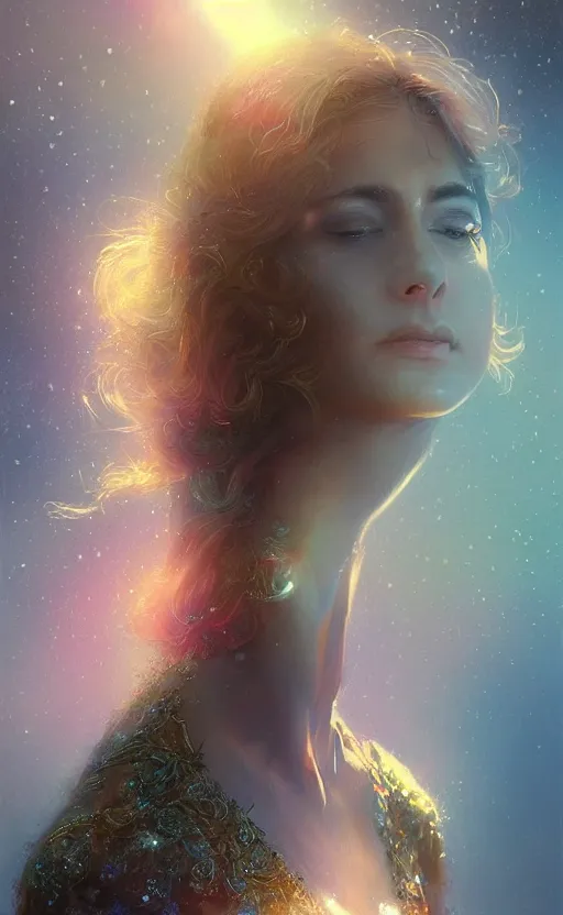 Image similar to beautiful uncertainty, sharp focus, intricate, elegant, digital painting, artstation, matte, highly detailed, concept art, illustration, volumetric lighting, gold and blue and pink color scheme, bokeh light, art by greg olsen and liz lemon swindle