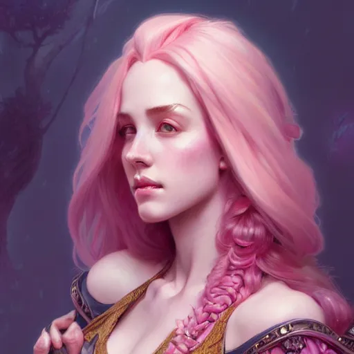 Image similar to aristocrat sad, female, d & d, fantasy, intricate, elegant, highly detailed, pink hair, digital painting, artstation, octane render, concept art, matte, sharp focus, illustration, hearthstone, art by artgerm, alphonse mucha johannes voss