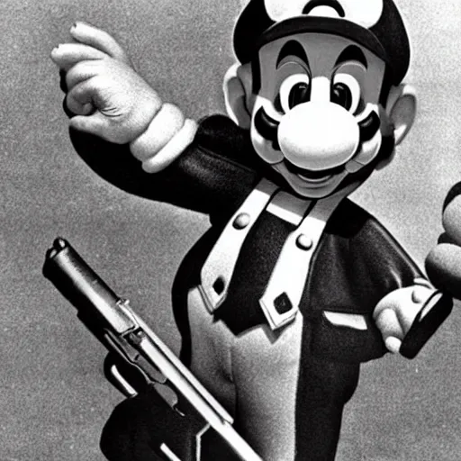 Prompt: !dream mario holding a gun , historical photo