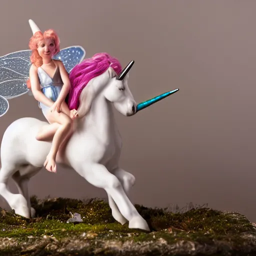 Prompt: a fairy sitting on a galloping unicorn, CANON Eos C300, natural lights, award winning photography