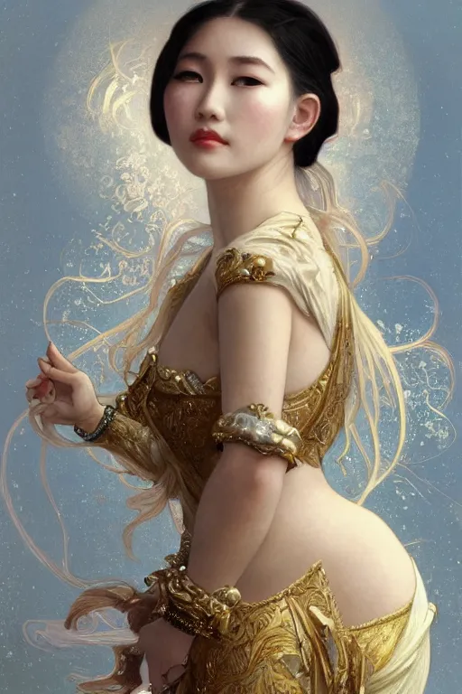 Image similar to beautiful asian girl, blonde hair, gold, god, white hair, 1 9 2 0 s fashion, fantasy, model pose, horror art, highly detailed, intricate, ethereal, highly detailed, sharp focus, artstation, digital painting, art by alphonse mucha, cedric peyravernay, tom bagshaw