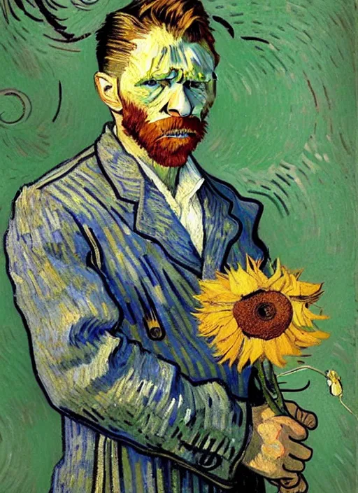 Image similar to hyper realistic painted vincent van gogh holding a flower drawn by chiara bautista and norman rockwell and greg rutkowski weta studio, and lucasfilm