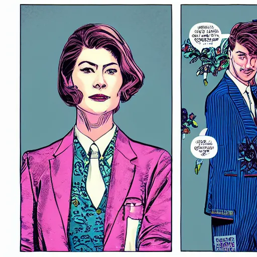 Image similar to rosamund pike with dark - hair as the doctor, wearing a colourful floral pattern three - piece suit, complementary colours, 2 d matte, graphic novel, art by laurie greasley and pepe larraz,