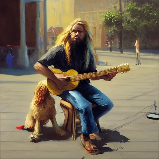 Image similar to oil painting of a young man with long hair blond and a beard hippie style with his golden retrever dog playing guitar in the square for money, people watching around, by greg rutkowski, artstation