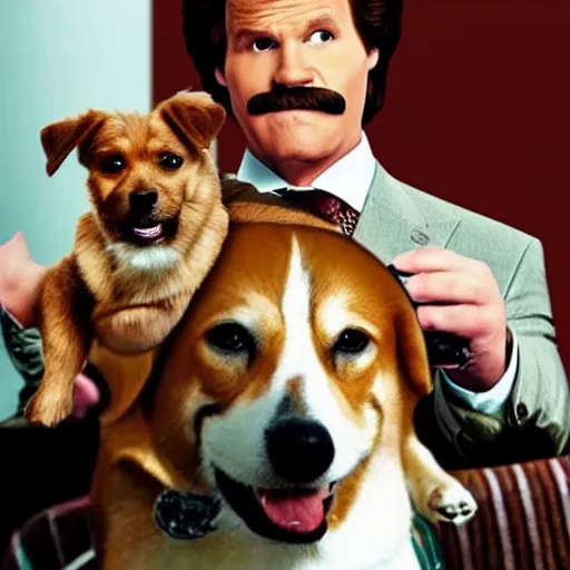 Prompt: ron burgundy smiling riding a dog and drinking chocolate yoo - hoo