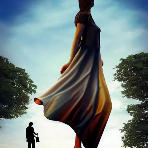 Image similar to a giantess man with a giant woman walking together, enormous, big, photoshop, photo manipulation
