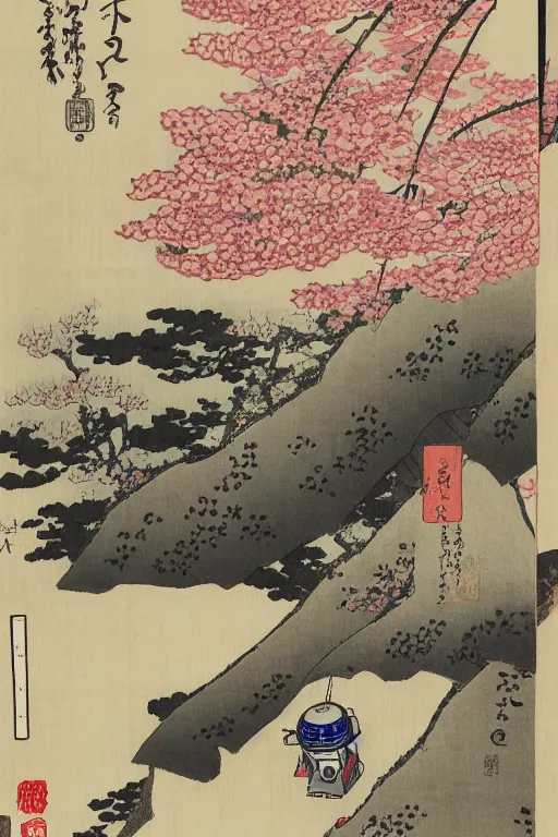 Prompt: Japanese woodblock print of r2d2 in front of a Japanese temple, cherry blossom, hokusai