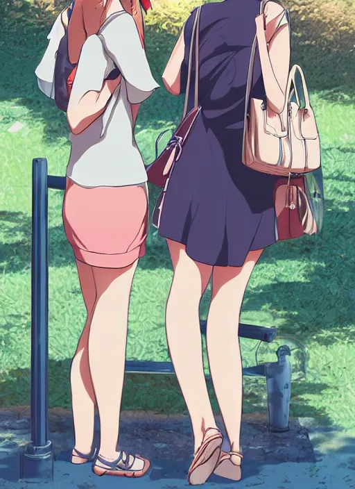 Image similar to two beautiful mature women waiting at a bus stop, summer clothes, gorgeous faces, thick lines, cinematic lighting, detailed anime art