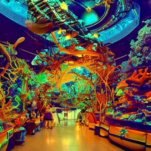 Image similar to undersea shopping center built from various sea shells, sea weed, light prisms, light diffraction, steampunk, cyberpunk, cool lights, anime, vhs distortion