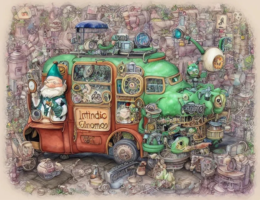 Image similar to cute and funny, a garden gnome driving a steampunk bus, ratfink style by ed roth, centered award winning watercolor pen illustration, isometric illustration by chihiro iwasaki, edited by range murata, tiny details by artgerm and watercolor girl, sharply focused