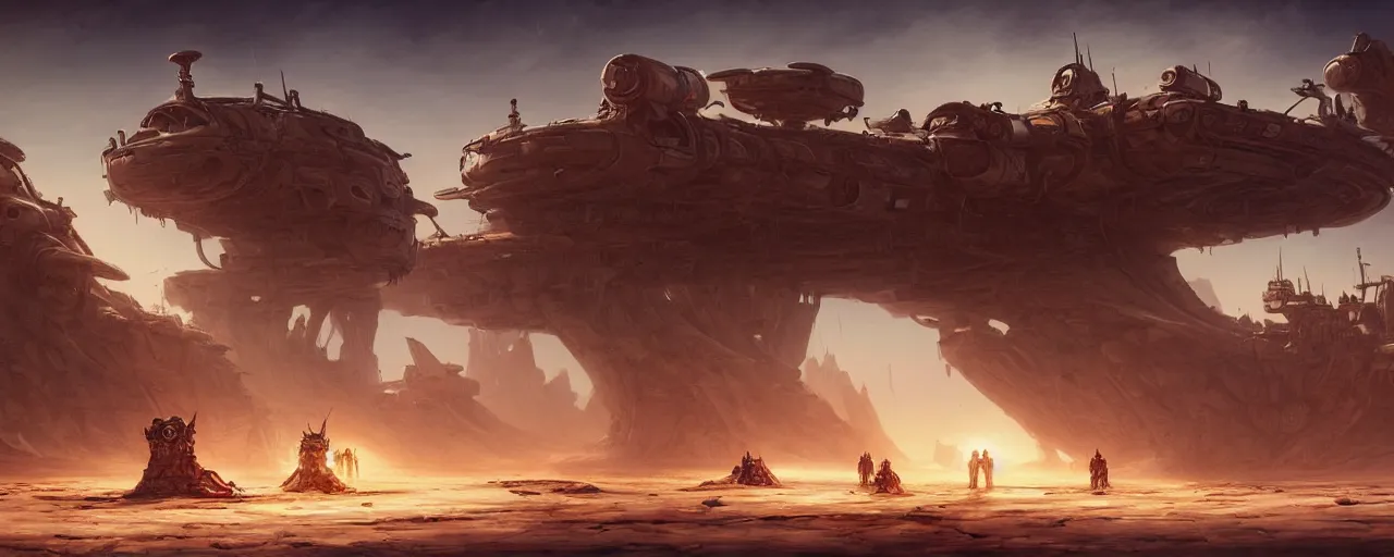 Image similar to an intricate concept art of ship of space pirates landing in a desert ruined world, concept art, matte painting, style by dylan cole and tyler edlin art, hyper realistic, sci - fi, environment design, wide angle, unreal engine, epic lighting,