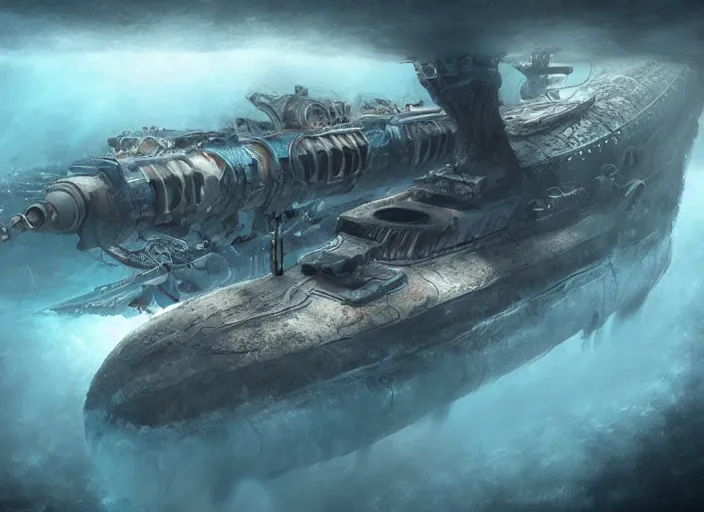 Image similar to metal submarine underwater in the lake of an alien planet, digital art, detailed, artgerm, artstation, deviant art, by kim keever