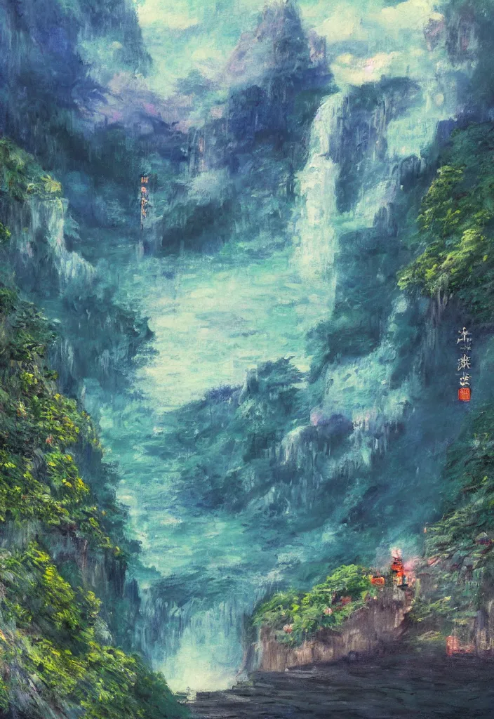 Image similar to tiny ghost in front of a japanese city in the mountain surrounded by waterfall. cyberpunk, boats flying. beautiful blue sky. gorgeous epic nature, lofi, vivid colors, amazing light, by jeremy lipkin, by claude monet, heavily inspired by makoto shinkai, inspired by ghibli, by klimt, masterpiece, multiple brush strokes, impressionist style