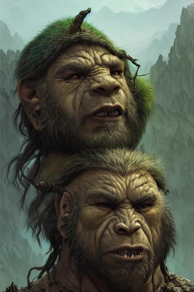 Image similar to portrait of a druidic green mountain orc, looking at camera, d & d, savage warrior, fur attire, aztec hair, large noses, intricate, fantasy, extremely detailed, digital painting, artstation, concept art, smooth, sharp focus, illustration, ambient lighting, art by artgerm and greg rutkowski and alphonse mucha and simon stalenhag