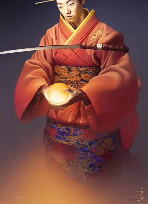 Image similar to kitsune samurai in autumn color kimono holding a glowing egg, subsurface scattering, by jesper ejsing, justin gerard, tomasz alen kopera, cgsociety and fenghua zhong, highly detailed, rim light, cinematic lighting, illustration, art, octane render, very coherent, cinematic, hyper realism, high detail, octane render, 8 k