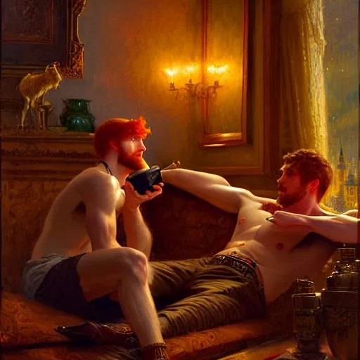 Image similar to attractive male mike with ginger hair and attractive male tyler with brunet hair, drinking their hearts out, in their noble mansion, at night. highly detailed painting by gaston bussiere, craig mullins, donato giancola, j. c. leyendecker 8 k