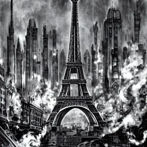 Image similar to The city of Paris, France during WW3 (2103), very detailed, cinematic, epic, grandiose, art by HG Giger