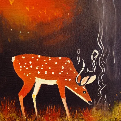 Image similar to deer smoking a cigarette at night, stylized, artistic, expressive, oil on canvas, thick paint brush strokes