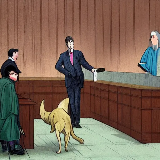 Image similar to an illustration of a dog accused inside a court, tribunal, a lawyer trying to defend him, pastel colors, 8 k, ultra detailed,