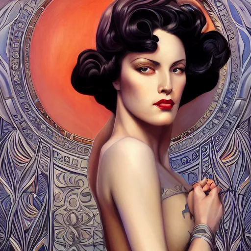 Prompt: a streamline moderne, art nouveau, multi - ethnic and multi - racial portrait in the style of charlie bowater, and in the style of donato giancola, and in the style of charles dulac. intelligent, expressive eyes. symmetry, ultrasharp focus, dramatic lighting, semirealism, intricate symmetrical ultrafine background detail.