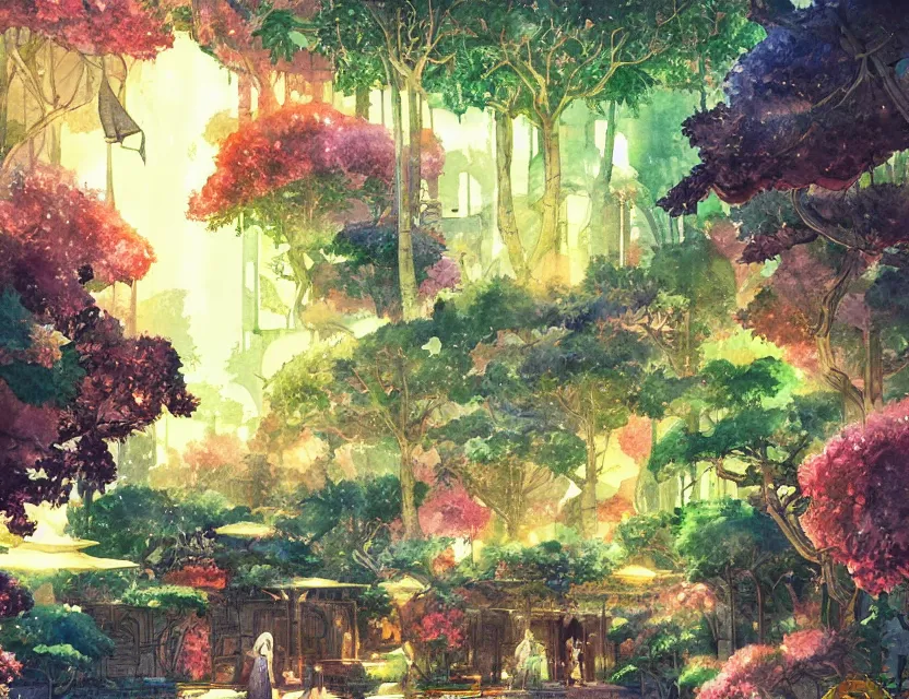 Prompt: persian garden in a space fortress, bokeh. this watercolor painting by the award - winning mangaka has dramatic lighting, an interesting color scheme and intricate details.