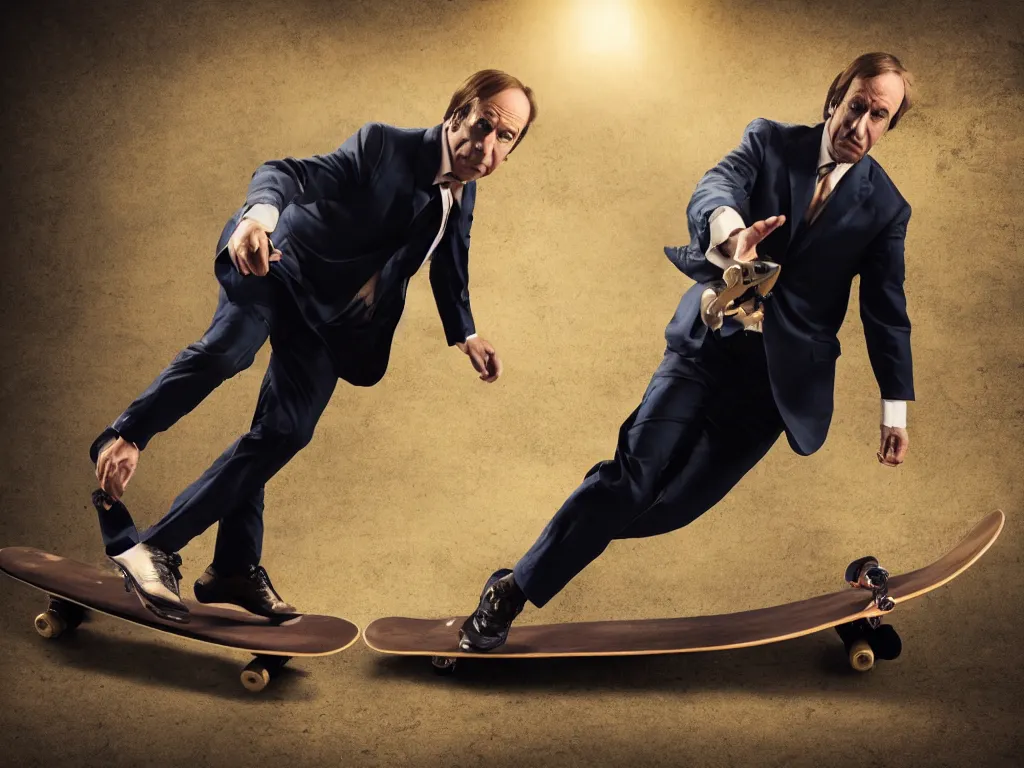 Image similar to saul goodman on a skateboard, studio photo, stunning scene, hdr, dynamic lighting,