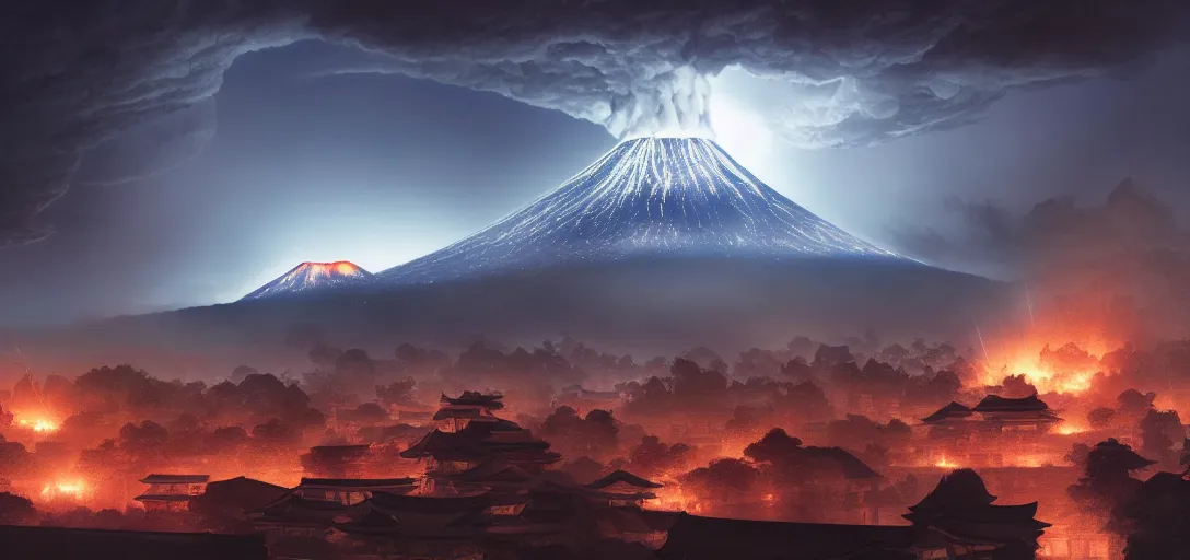 Image similar to view of an ancient japanese city at night, erupting volcanoes in the background, dramatic clouds, glowing fog, dramatic lighting, ultra detailed, sharp, ambient occlusion, raytracing, by greg rutowski, paul chadeisson and jessica rossier