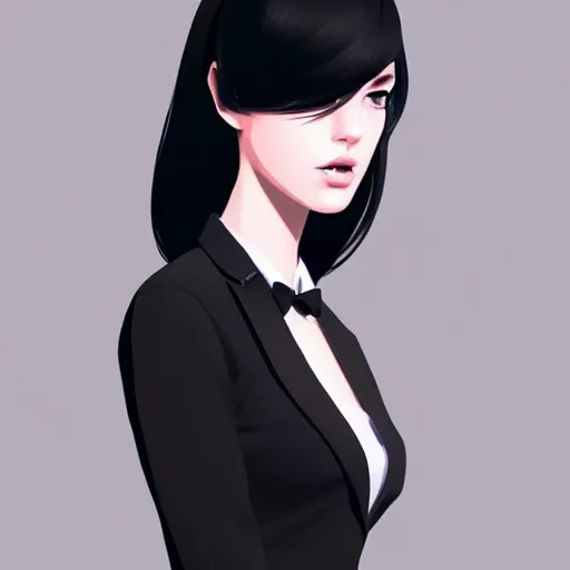 Image similar to young british special ops female in black tuxedo, muted colors, matte print, pastel colors, 2d, ultra highly detailed, smooth, sharp focus, digital art, digital painting, fan art, elegant, artstation, head is centered, by Ilya Kuvshinov