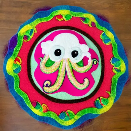 Image similar to a cute octopus in a colorful ornate felt mandala with fine details