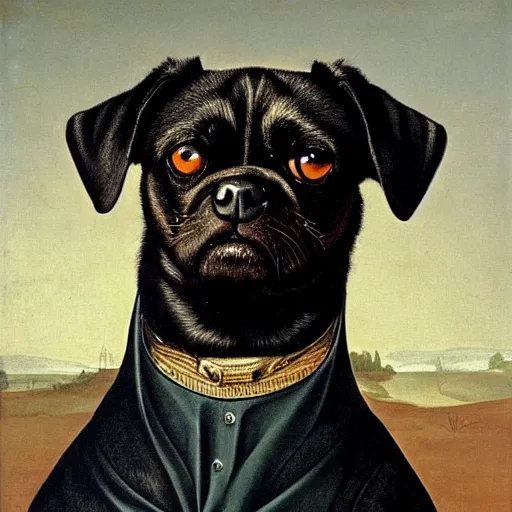 Prompt: portrait of black pugalier dog wearing an elvis costume, by caravaggio, immense detail, intricate background