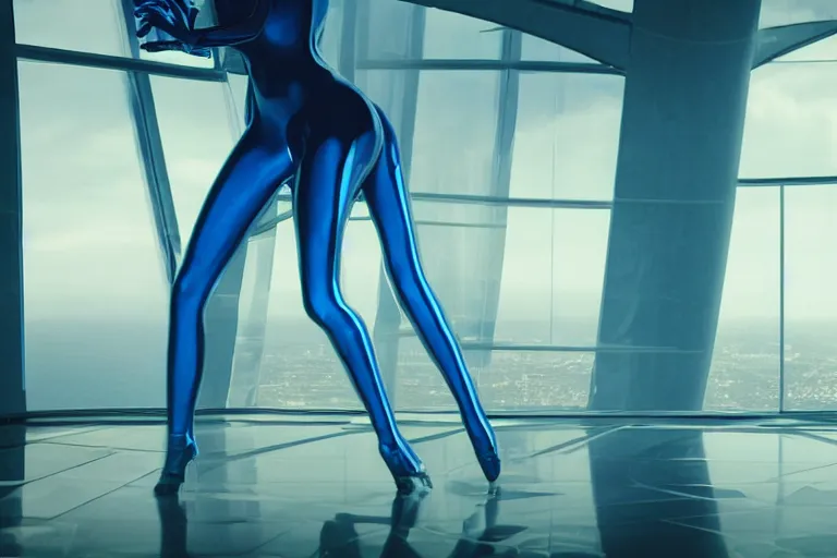 Image similar to vfx movie scene closeup portrait of beautiful blue skin skimpy alien woman dancing in sleek futuristic decadent spaceship pillars, futuristic ballroom. giant windows view of earth obit. by emmanuel lubezki