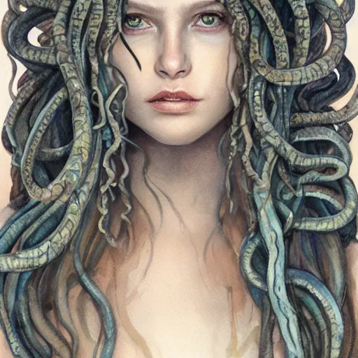 Prompt: full body sketch of a beautiful young medusa with hair made of snakes, perfect anatomy, full body, watercolor background, pencil art, ink and pencil, hyperrealistic, hyperdetailled, digital art, greg rutkowski, artstation, 8 k, beautiful drawing, paper texture, spray paint, watercolors