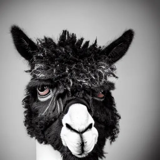 Image similar to black metal alpaca with corpse paint, studio photography