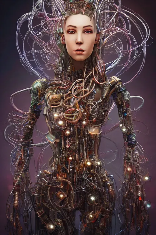 Image similar to an immaculate render of a dancing mystical tribal android adorned with robotic scrap and cables and synthesizer parts is surrounded by wild tenticles made from elven architecture and incense smoke, full body, perfect face, powerful, cinematic, beautifully lit, by artgerm, by karol bak, 3 d, trending on artstation, octane render, 8 k