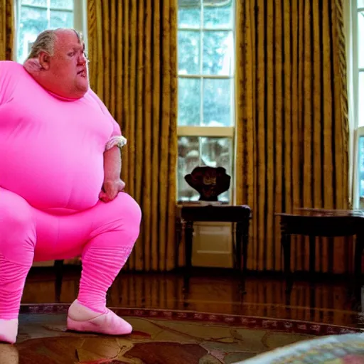 Image similar to cinematic shot of a fat ugly old guy wearing a pink unitard in the white house, very intricate, very detailed,