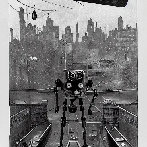 Image similar to three-legged robot from the story War of the Worlds by Herbert Wales, rises above the foggy city at night and shines searchlights on the ground in search of people, realism,